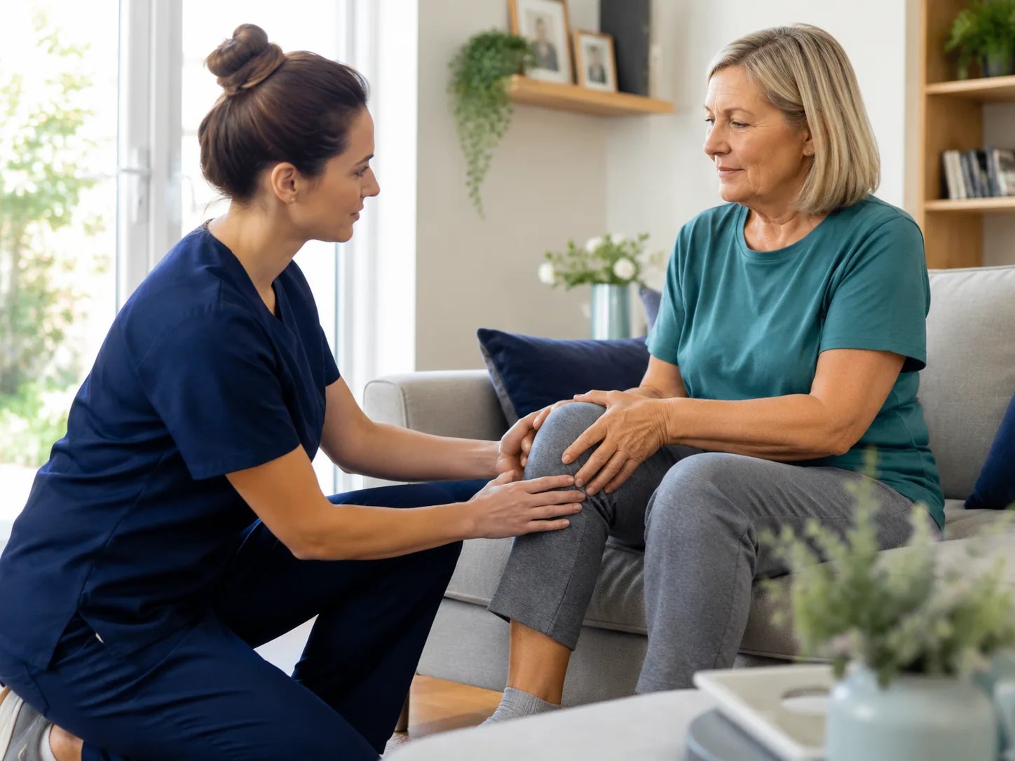 Female physiotherapist assessing an older adult patient during a home physiotherapy visit