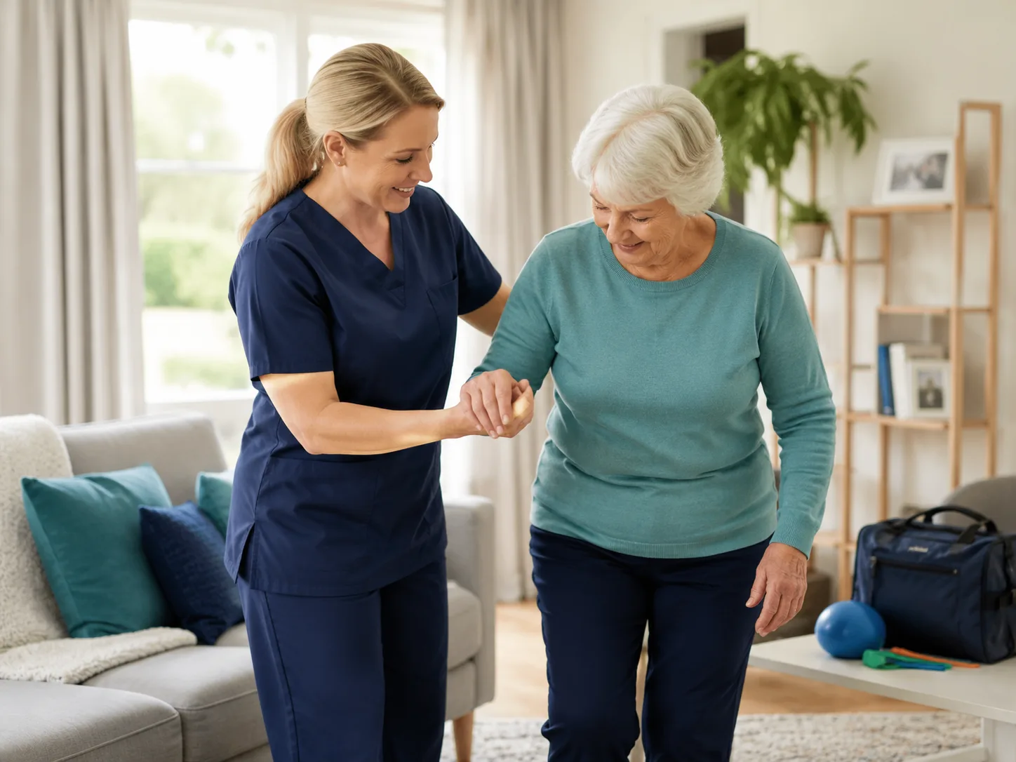 Female physiotherapist supporting an older adult during a home mobility exercise