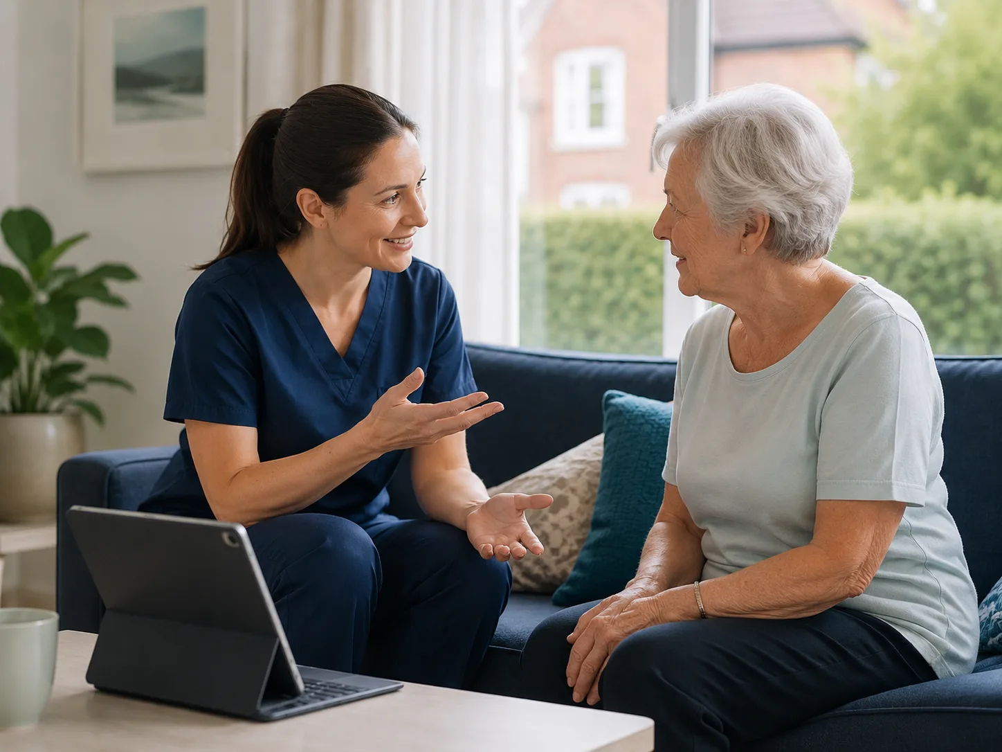 Female physiotherapist discussing home and online physiotherapy options with an older adult patient
