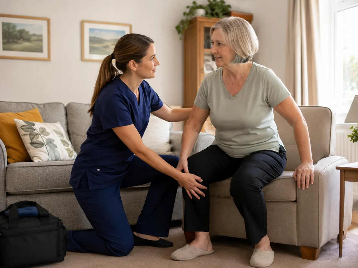 Female physiotherapist providing domiciliary physiotherapy in a patients home