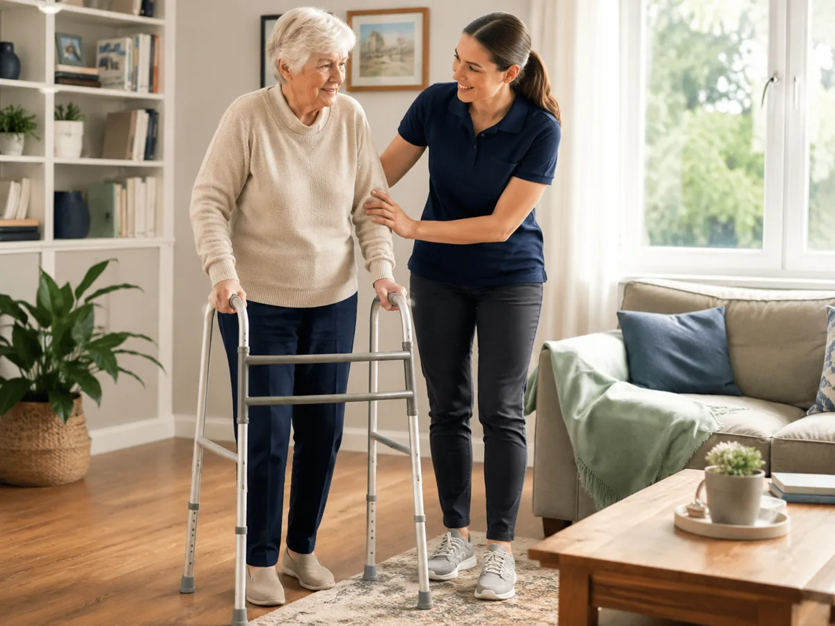 Female physiotherapist supporting elderly physiotherapy and walking confidence