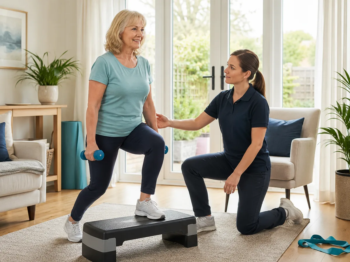 Female physiotherapist guiding home rehabilitation exercises