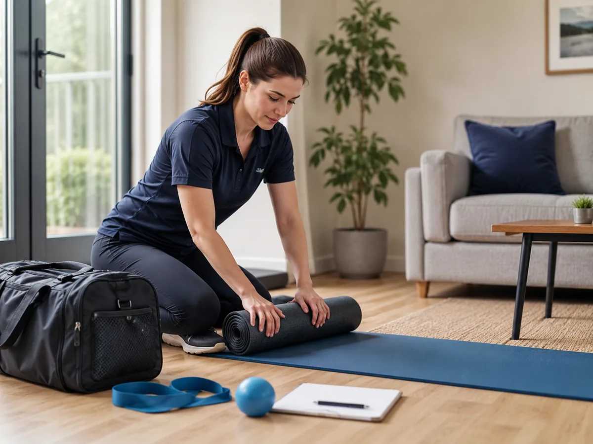 Female physiotherapist preparing mobile physiotherapy equipment for a home visit