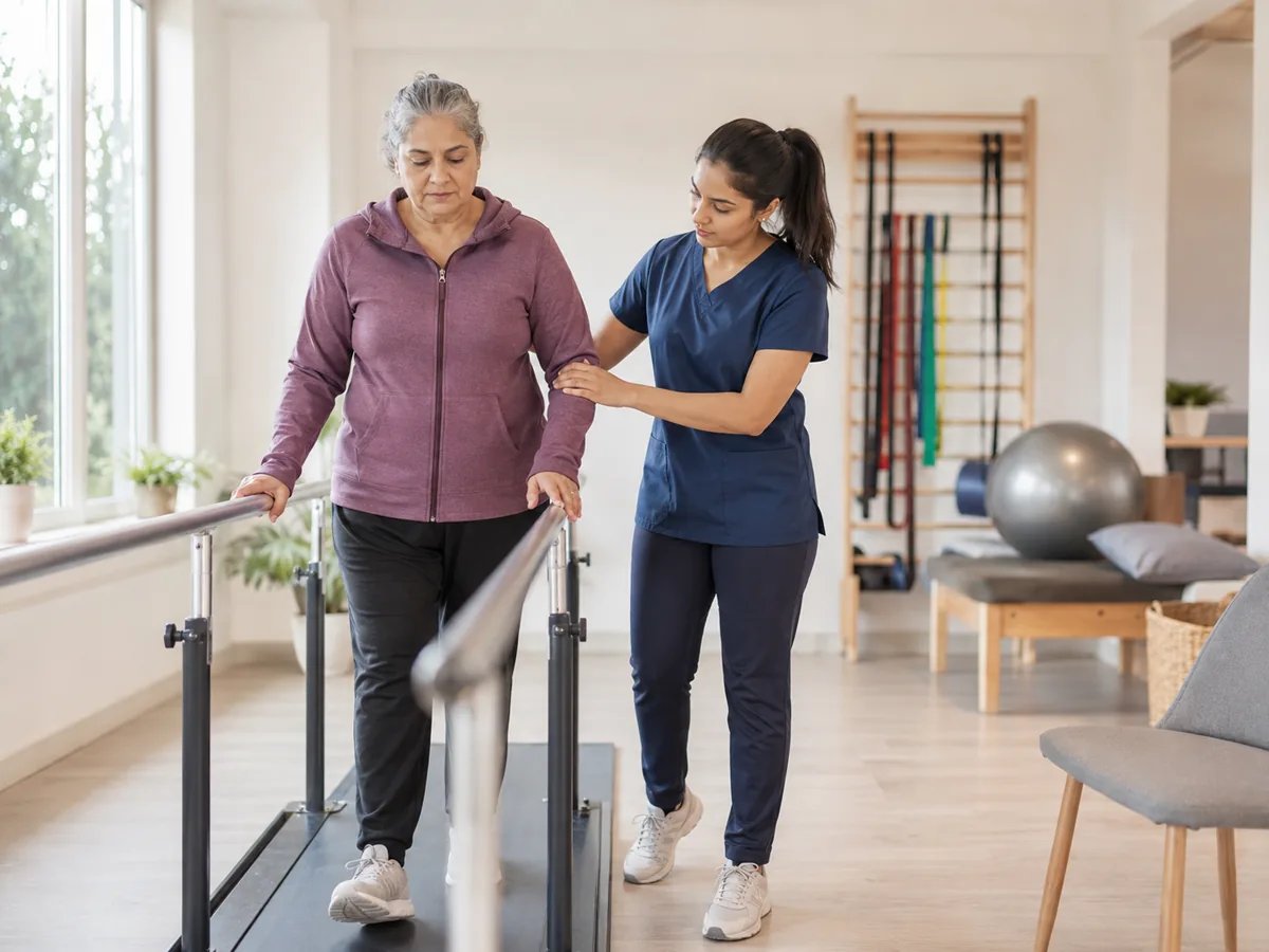Female physiotherapist supporting neurological physiotherapy and mobility rehabilitation