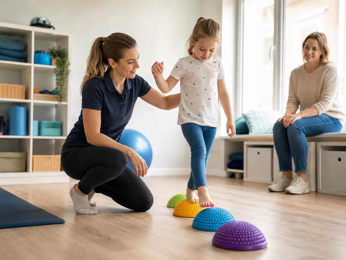 Female physiotherapist supporting paediatric physiotherapy balance exercises