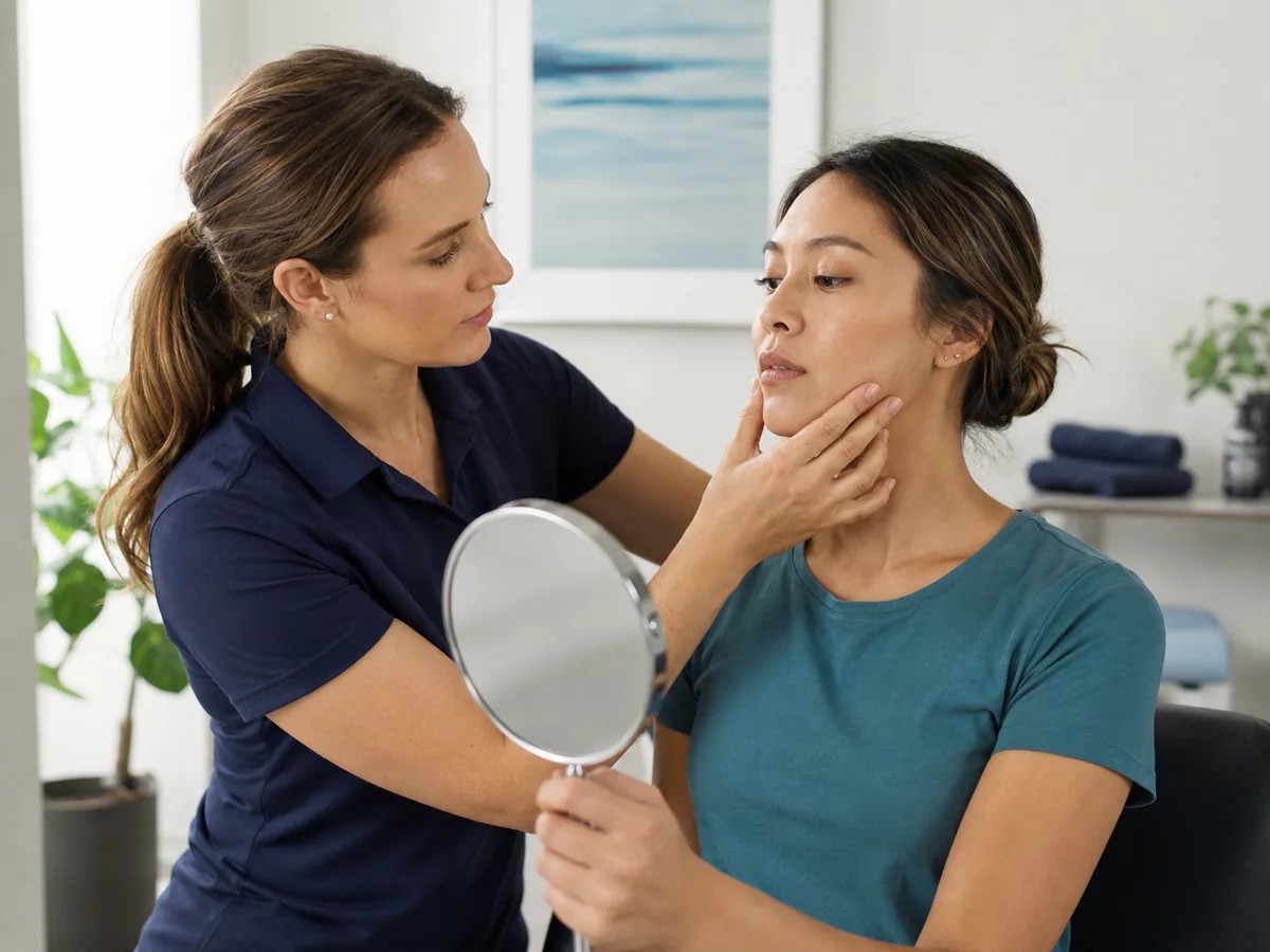 Female physiotherapist supporting TMJ rehabilitation for jaw pain
